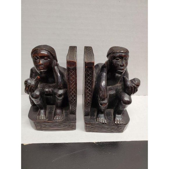 Vintage Carved Wood Book Ends - Thinking Pipe Smok - Picture 1 of 6